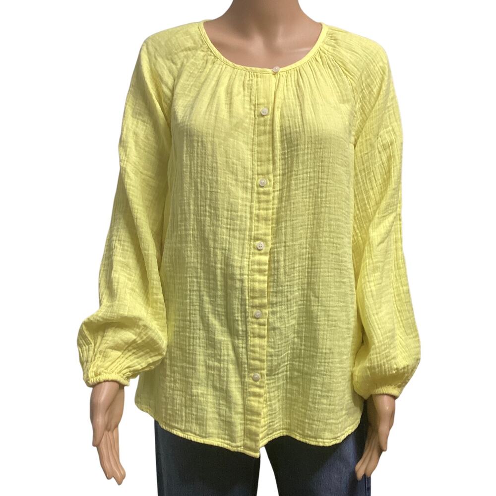 Gap Cotton Crinkle Gauze Knit scoop neck button-front Shirt size M yellow